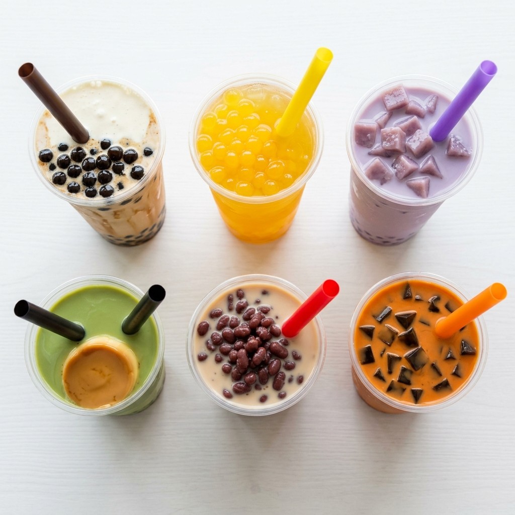 Milk tea flavors with tapioca pearls, popping boba, jelly, pudding, red bean, and cheese foam