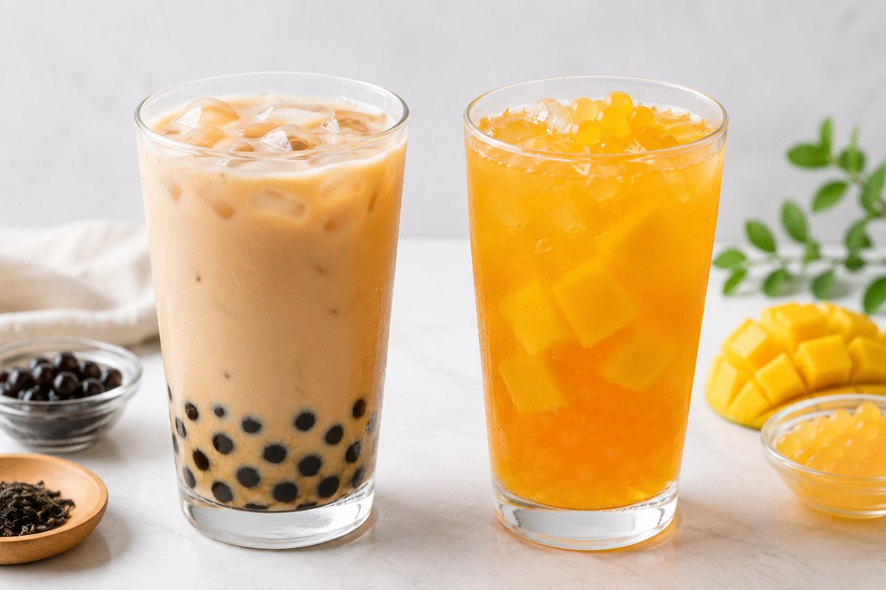 Milk tea with tapioca pearls beside fruit tea with popping boba.