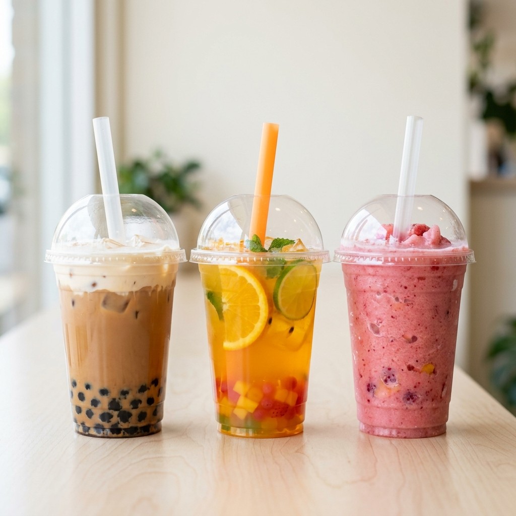 Milk tea, fruit tea, and smoothie boba drinks shown side by side