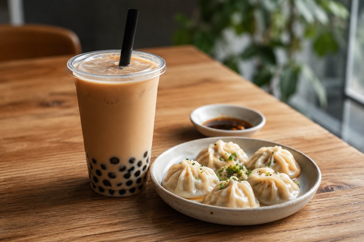 Milk tea served with steamed dumplings on a wooden table.