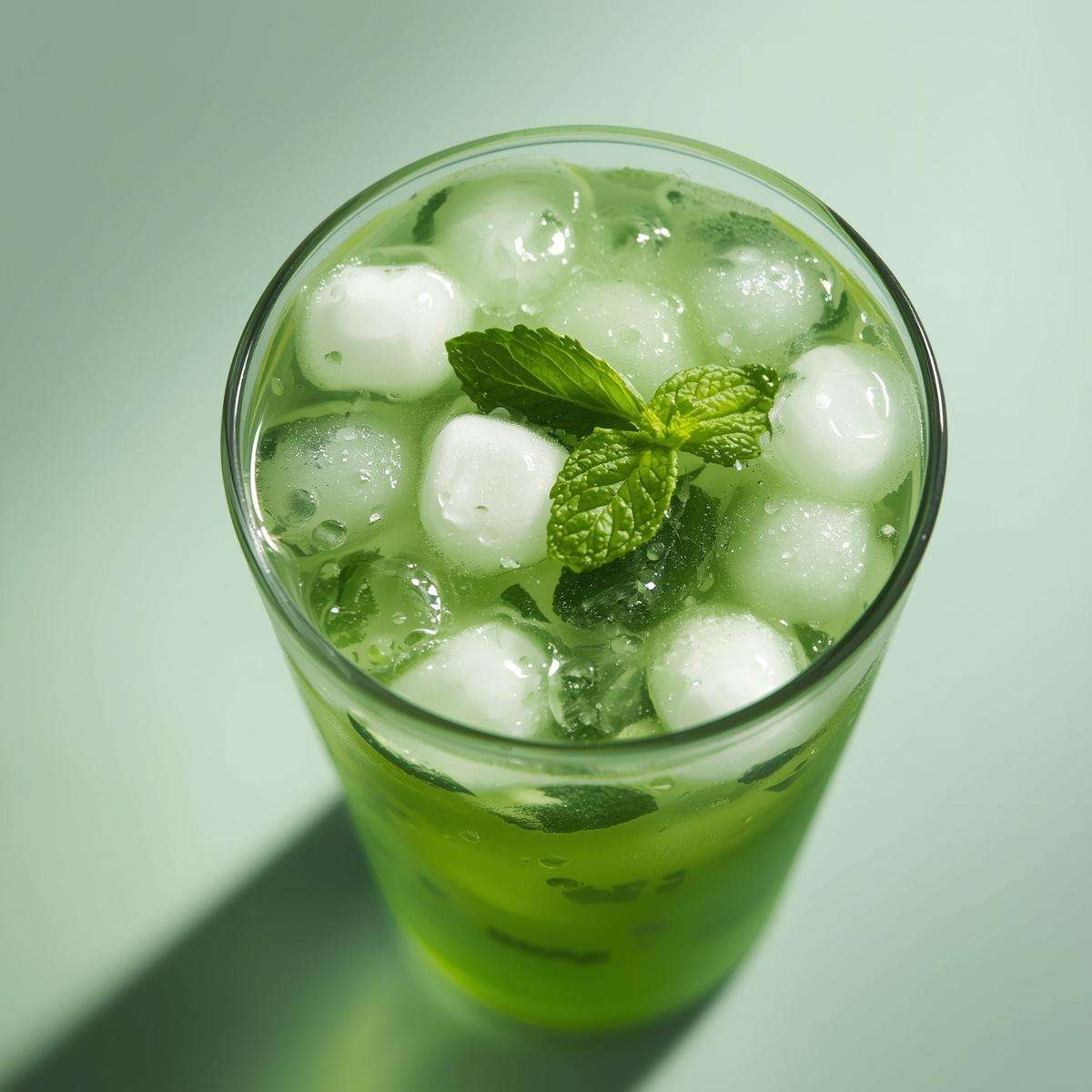 Mint tea boba drink with ice cubes and mint garnish top view