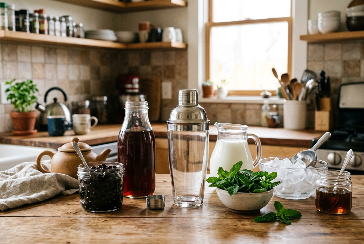 Ingredients for homemade mint tea boba