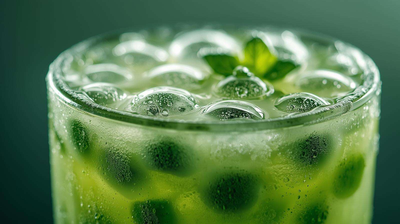 Green mint tea boba drink showing black tapioca pearls in glass.