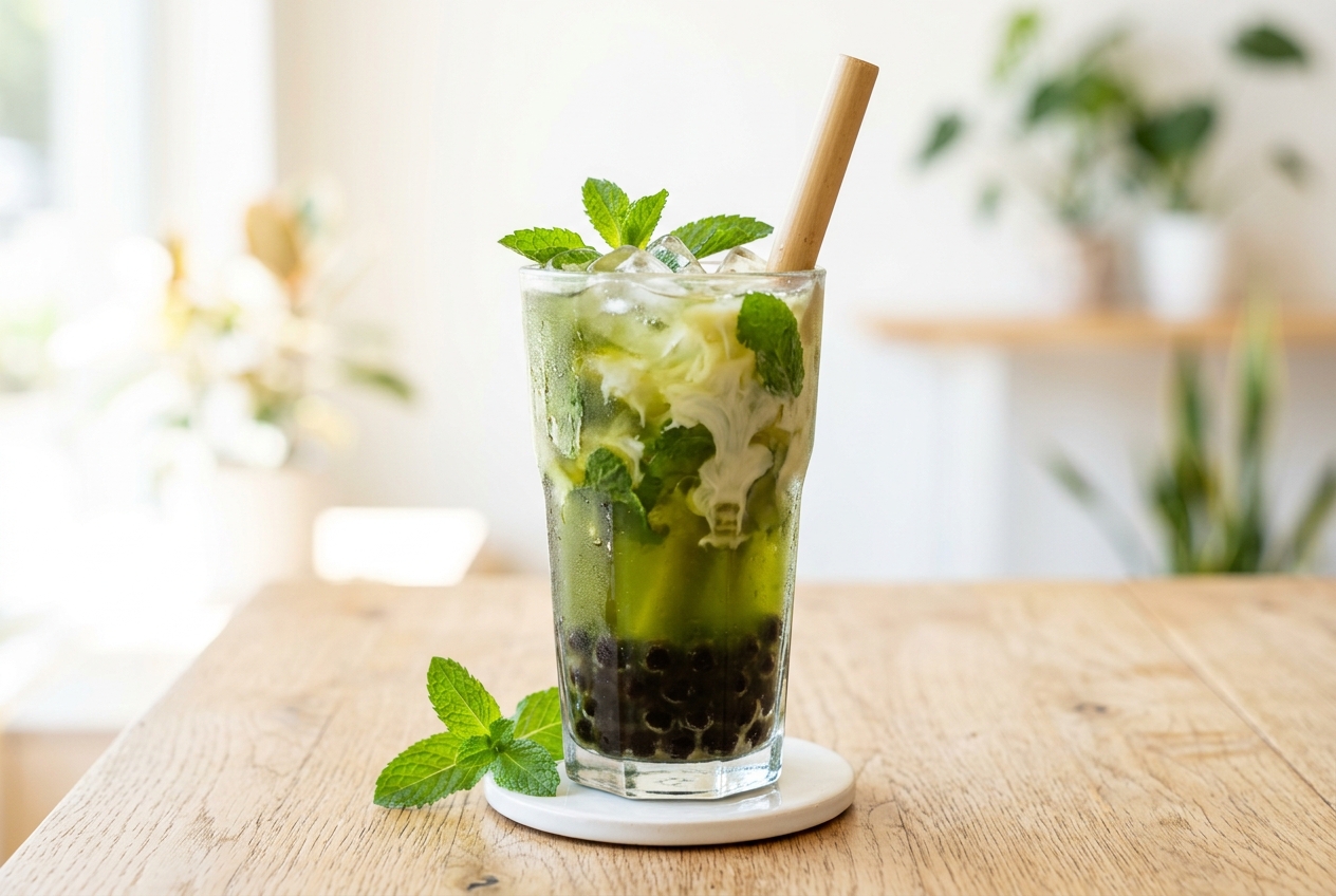 Mint tea boba drink with ice cubes and mint garnish top view