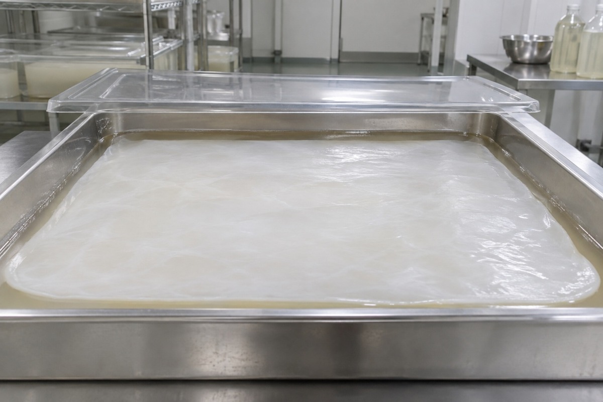 Bacterial cellulose pellicle forming during nata de coco fermentation.
