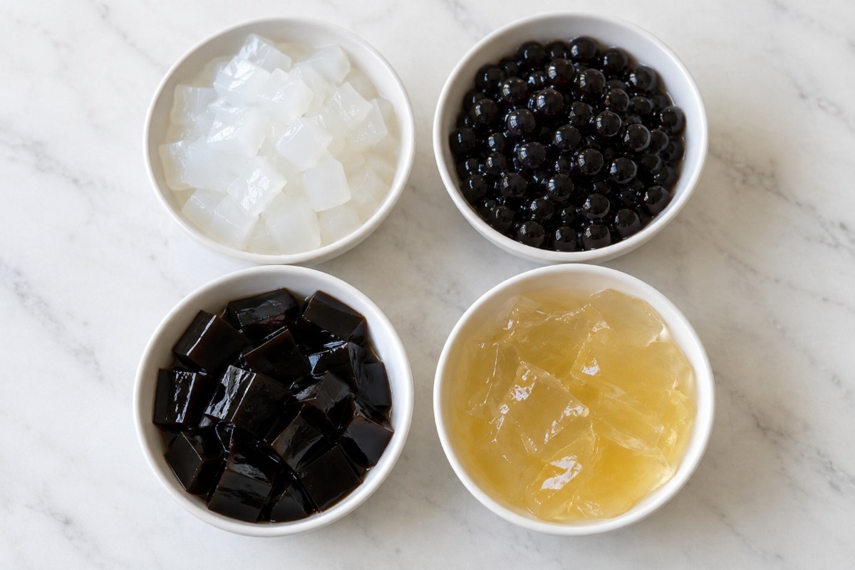 Nata de coco compared with tapioca pearls, grass jelly and aiyu jelly.
