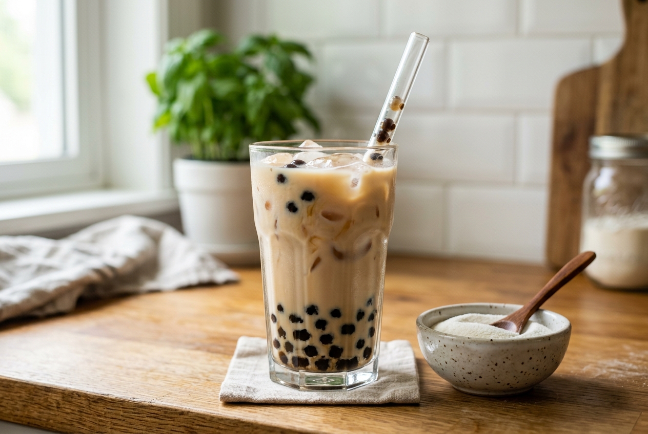 Non dairy creamer for milk tea with iced bubble tea and tapioca pearls