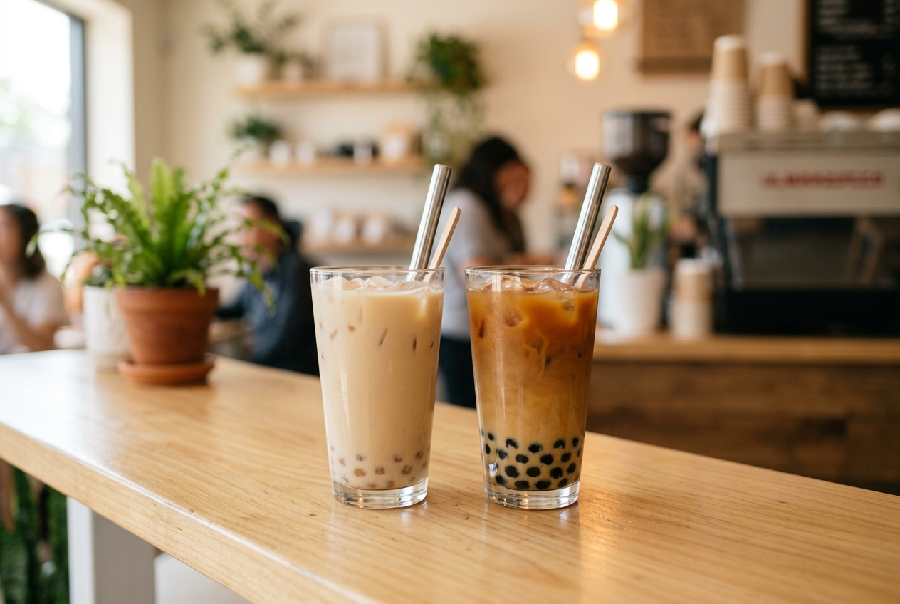 Non dairy creamer milk tea beside oat milk milk tea