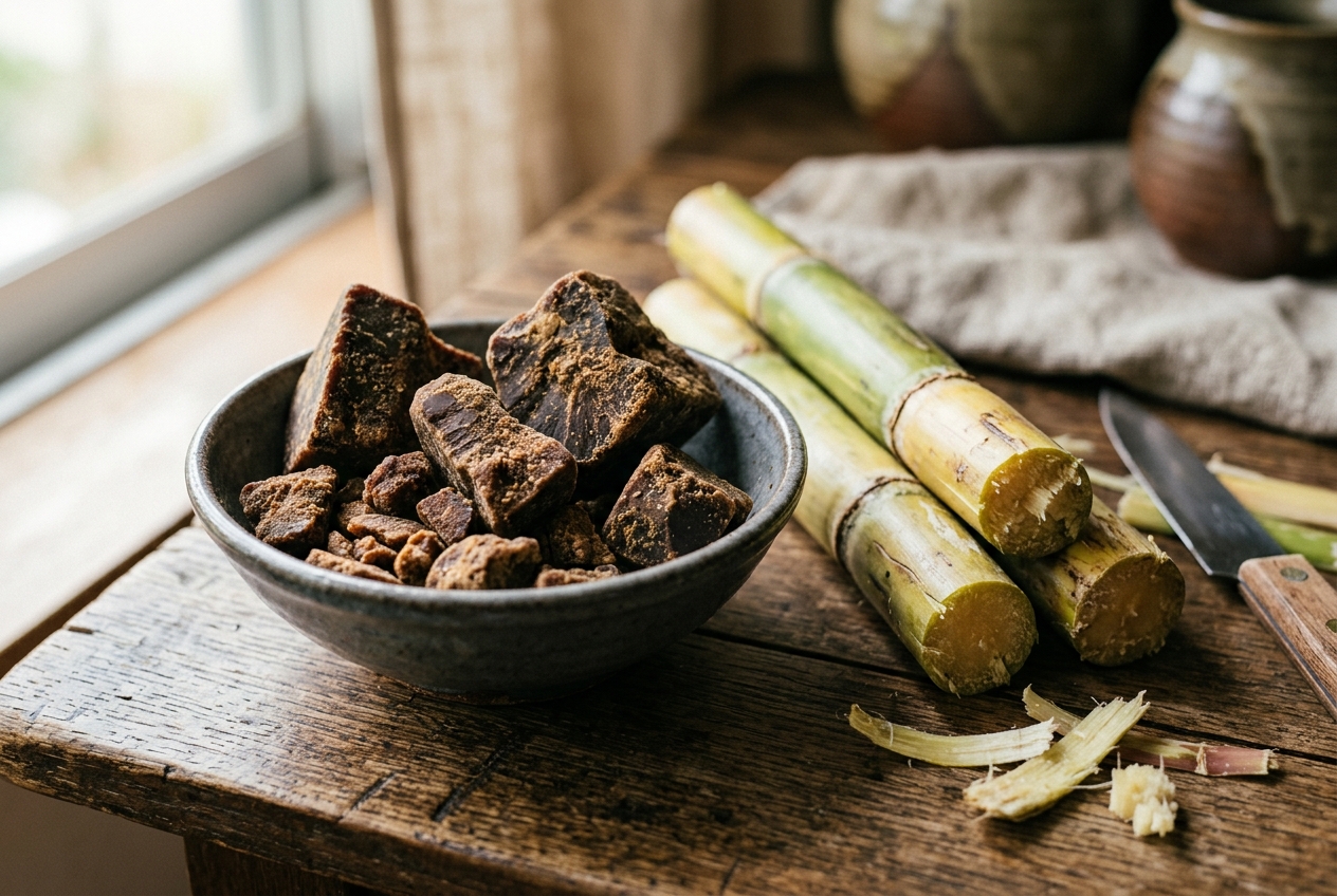 Pieces of Okinawa kokuto black sugar beside fresh sugarcane