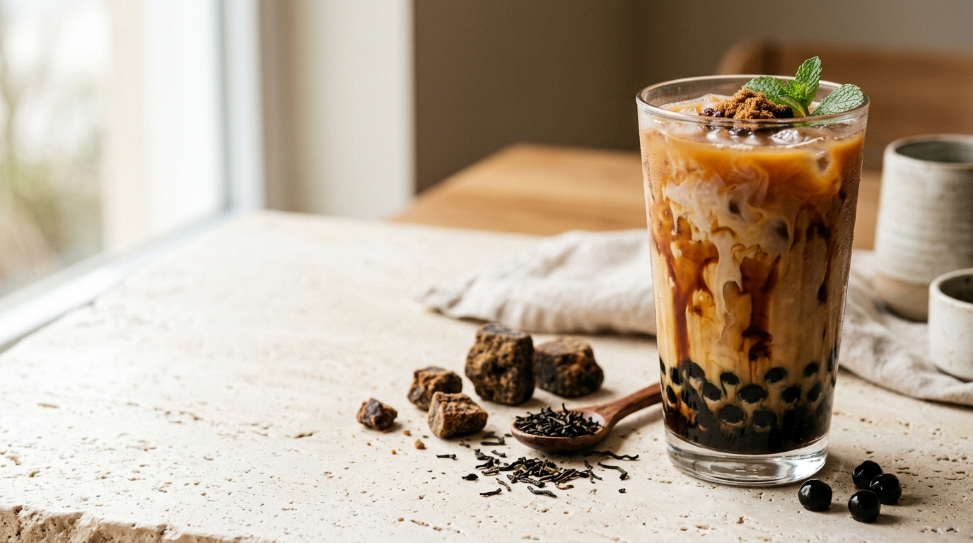Iced Okinawa milk tea with kokuto syrup and tapioca pearls