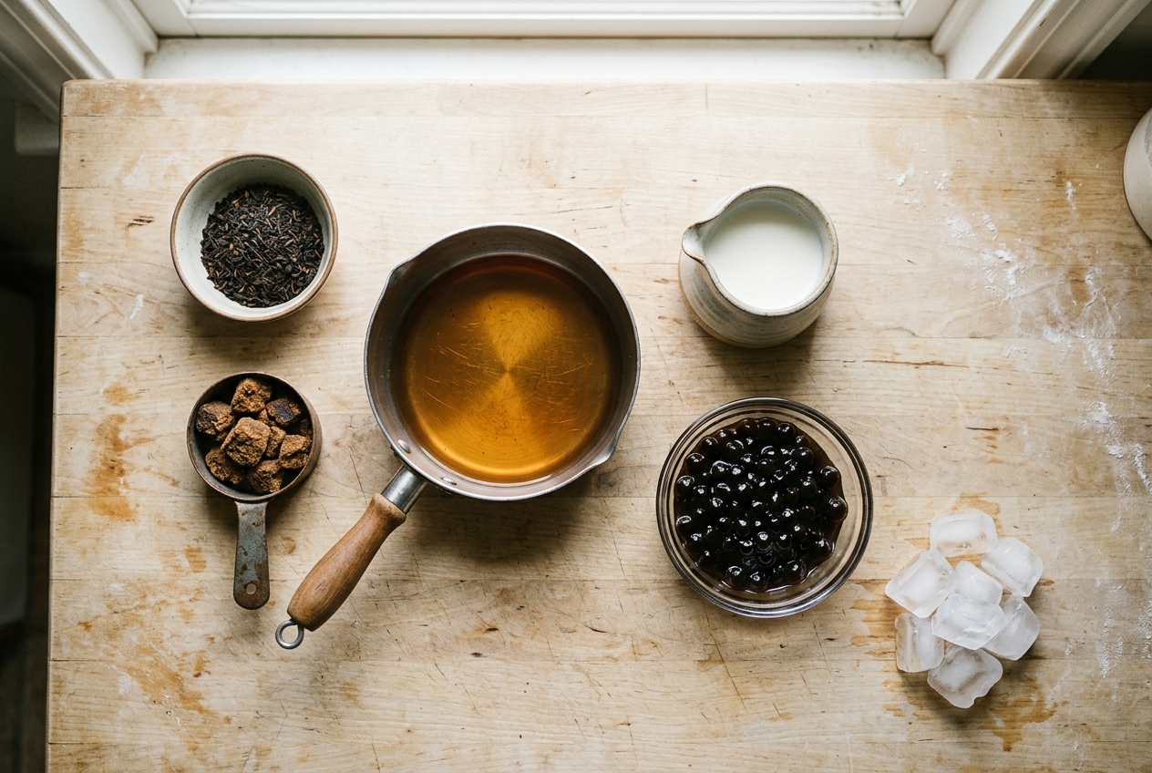 Assam tea, kokuto syrup, milk and tapioca for Okinawa milk tea