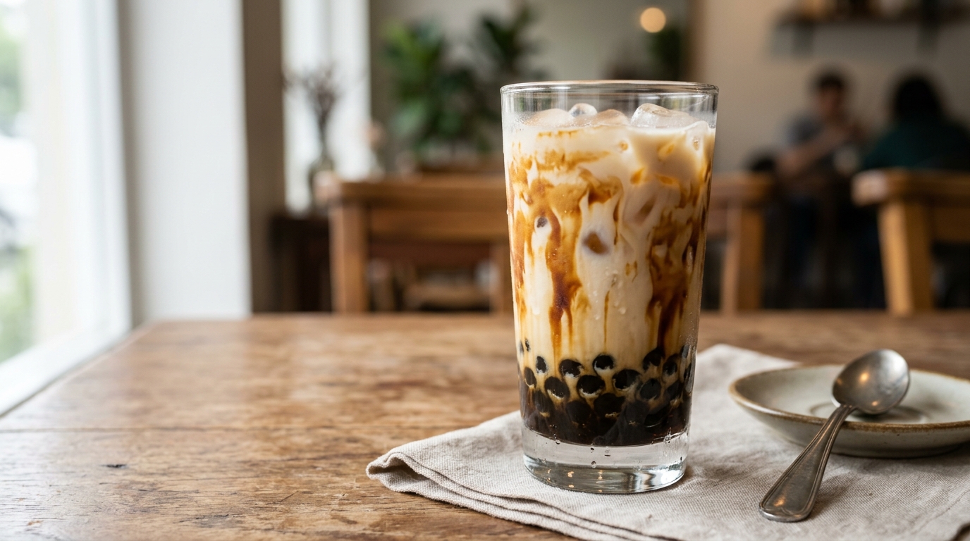 Iced roasted oolong milk tea with brown sugar boba