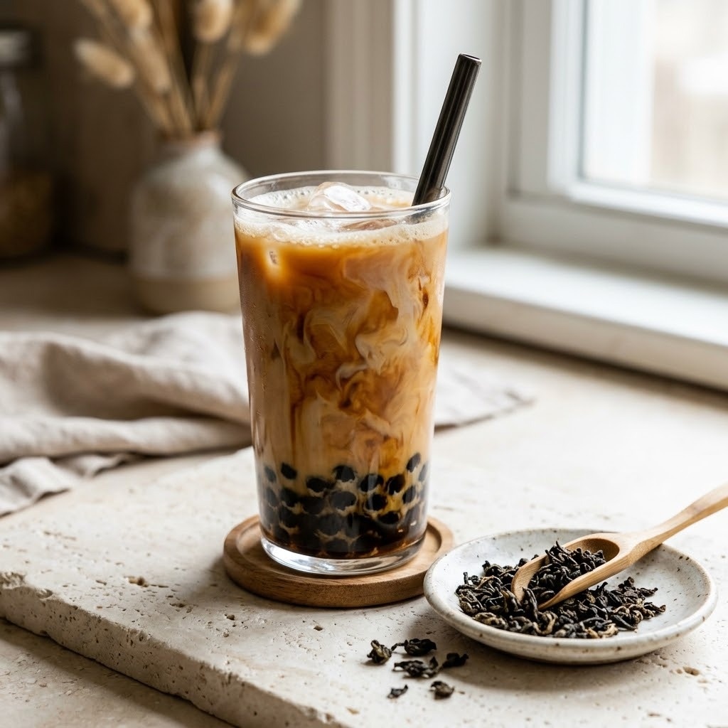 Roasted oolong milk tea with black tapioca pearls and loose oolong tea leaves