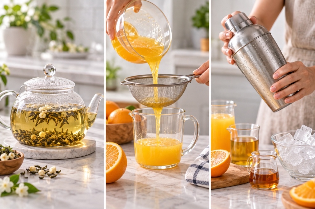 Jasmine tea brewing, orange juice straining and orange boba shaking over ice