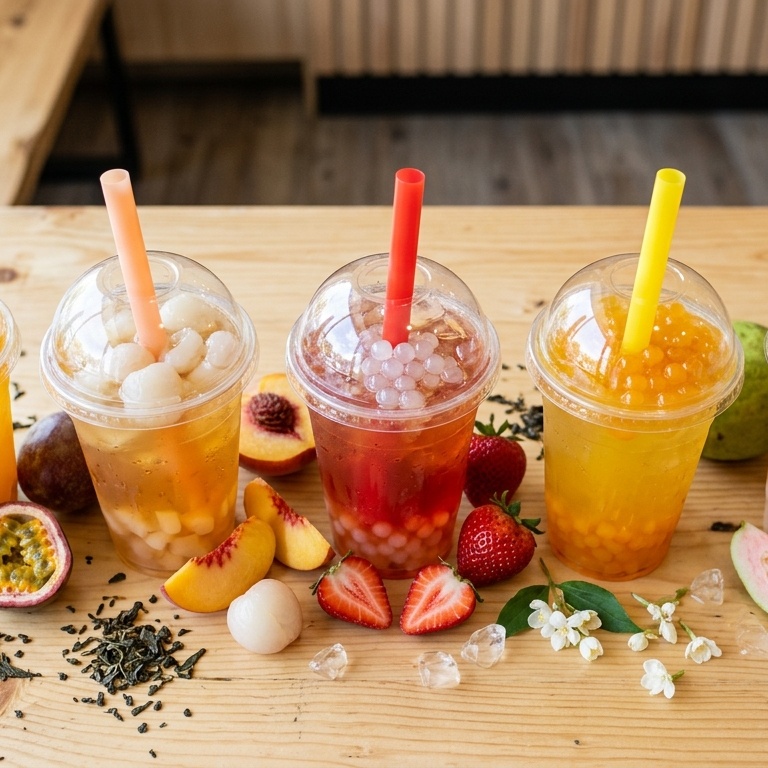 Square lineup of organic bubble tea flavors with fresh fruits and tea leaves.