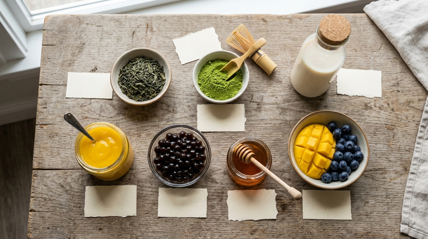 Ingredients for organic bubble tea flavors arranged in bowls.