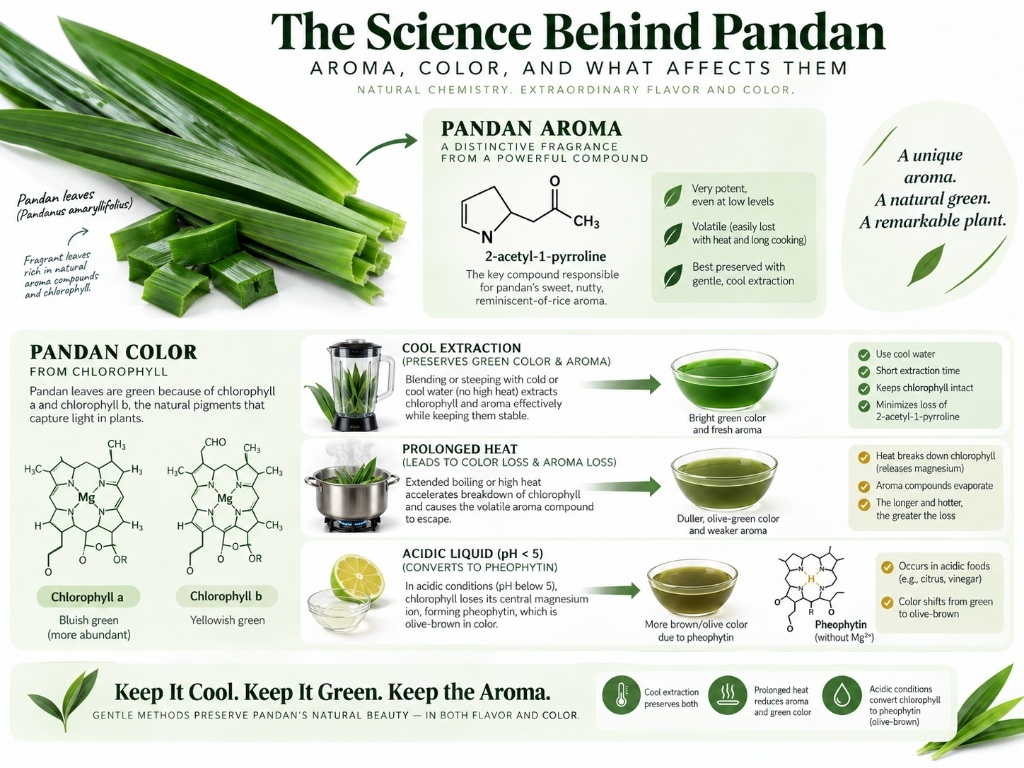 Pandan aroma chemistry and chlorophyll stability guide: 2AP aroma preservation, cool extraction, and pheophytin prevention