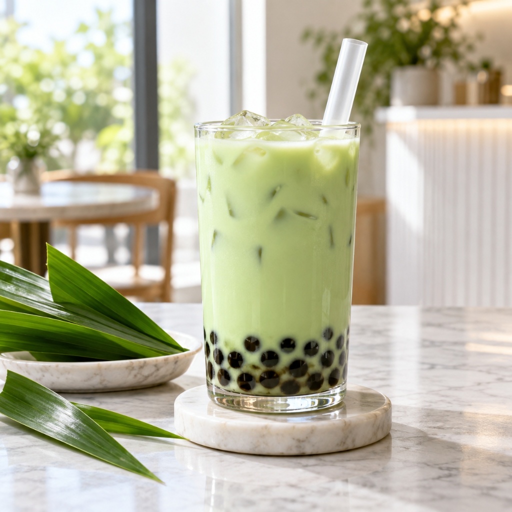 Square pandan bubble tea with coconut milk and tapioca pearls