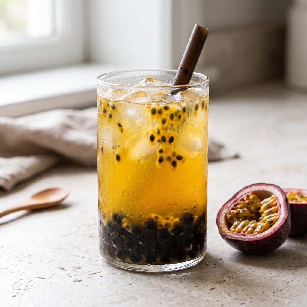 Iced passion fruit bubble tea with visible fruit pulp, seeds and black boba pearls