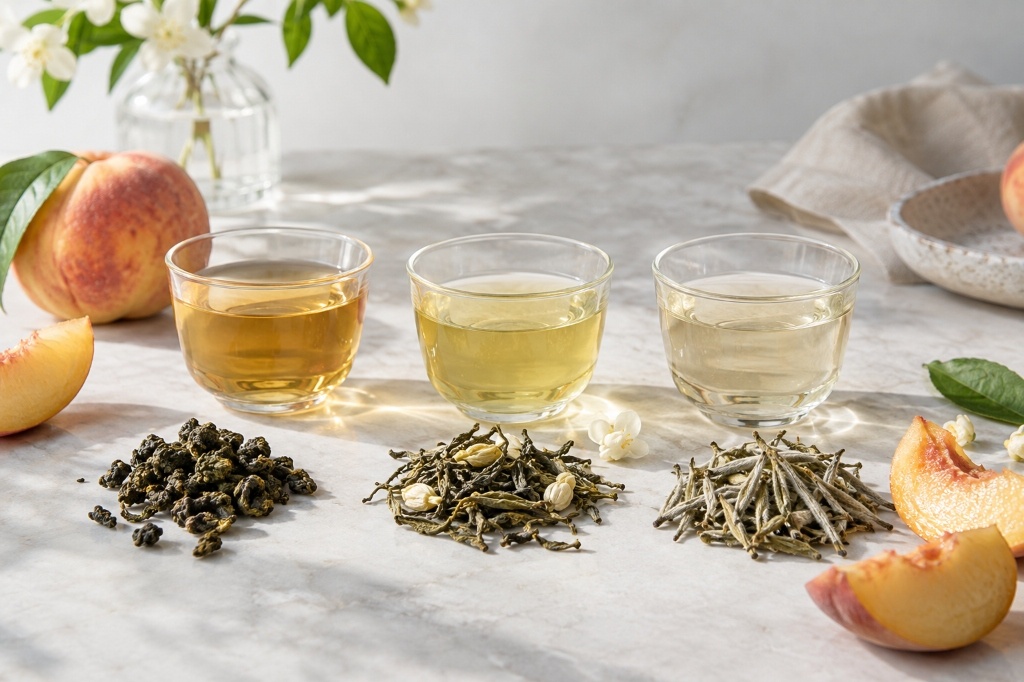 Three brewed tea bases for peach boba: oolong, jasmine green tea and white tea