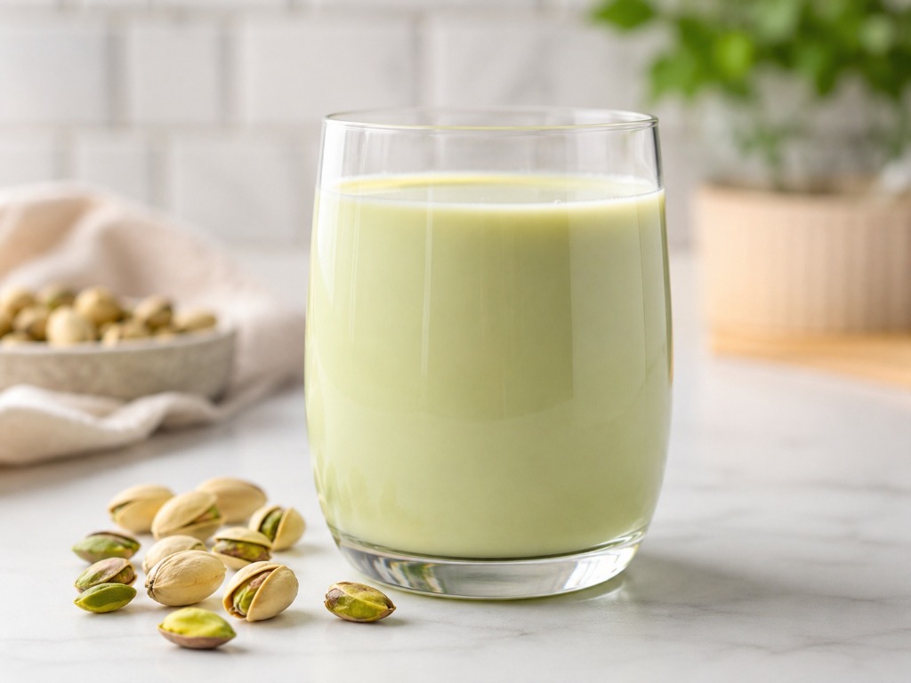 Glass of pistachio milk with shelled pistachios