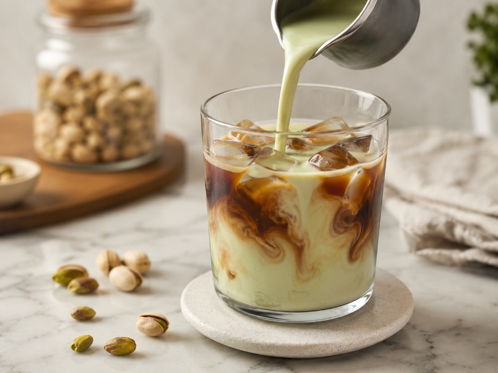 Iced coffee made with pistachio milk