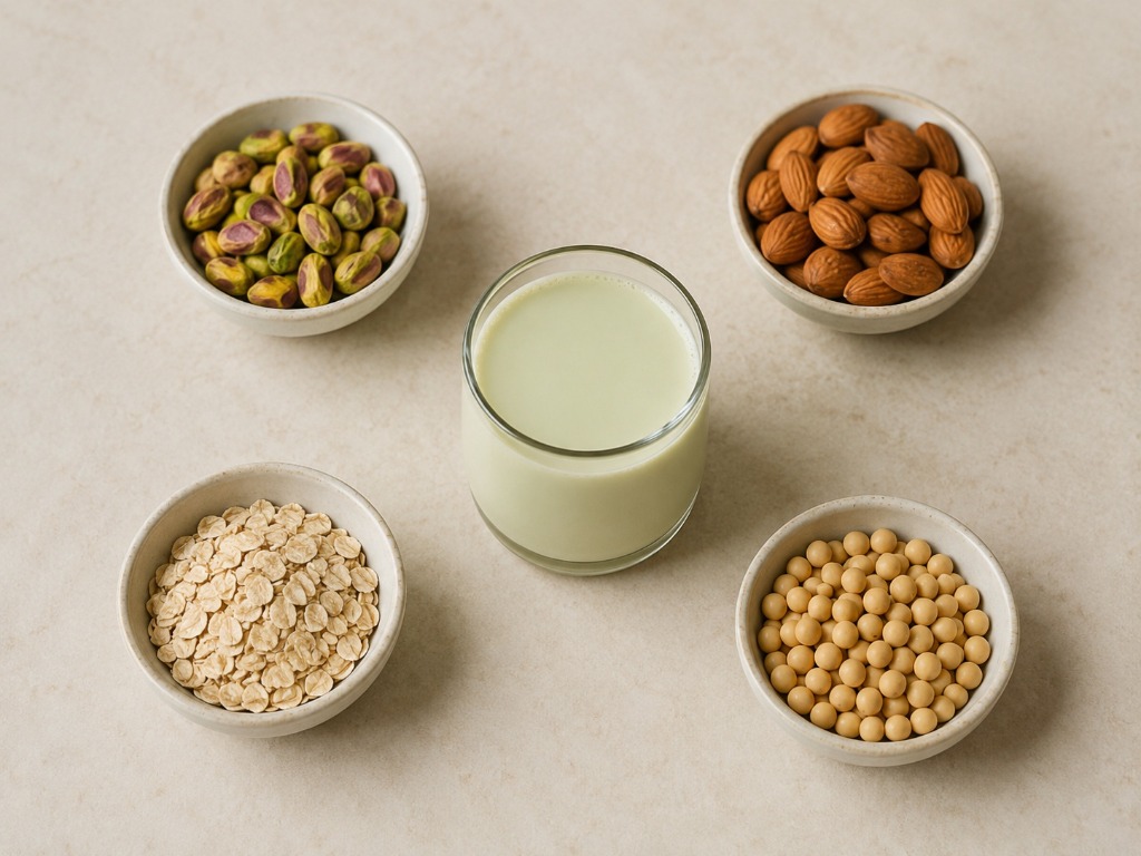 Pistachio milk compared with almond, oat, and soy milk ingredients