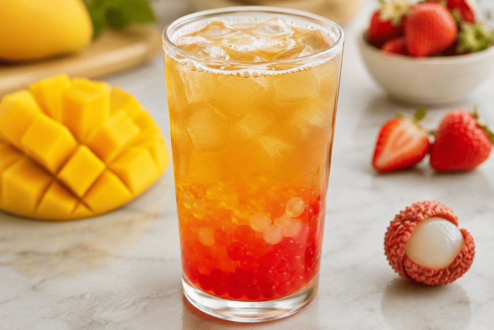 Colorful popping boba in a clear fruit tea drink.