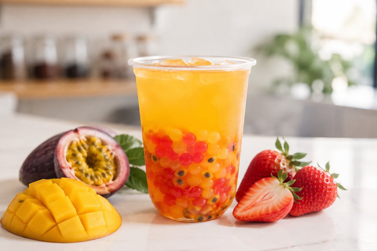 Fruit tea with colorful popping boba at the bottom of the cup.