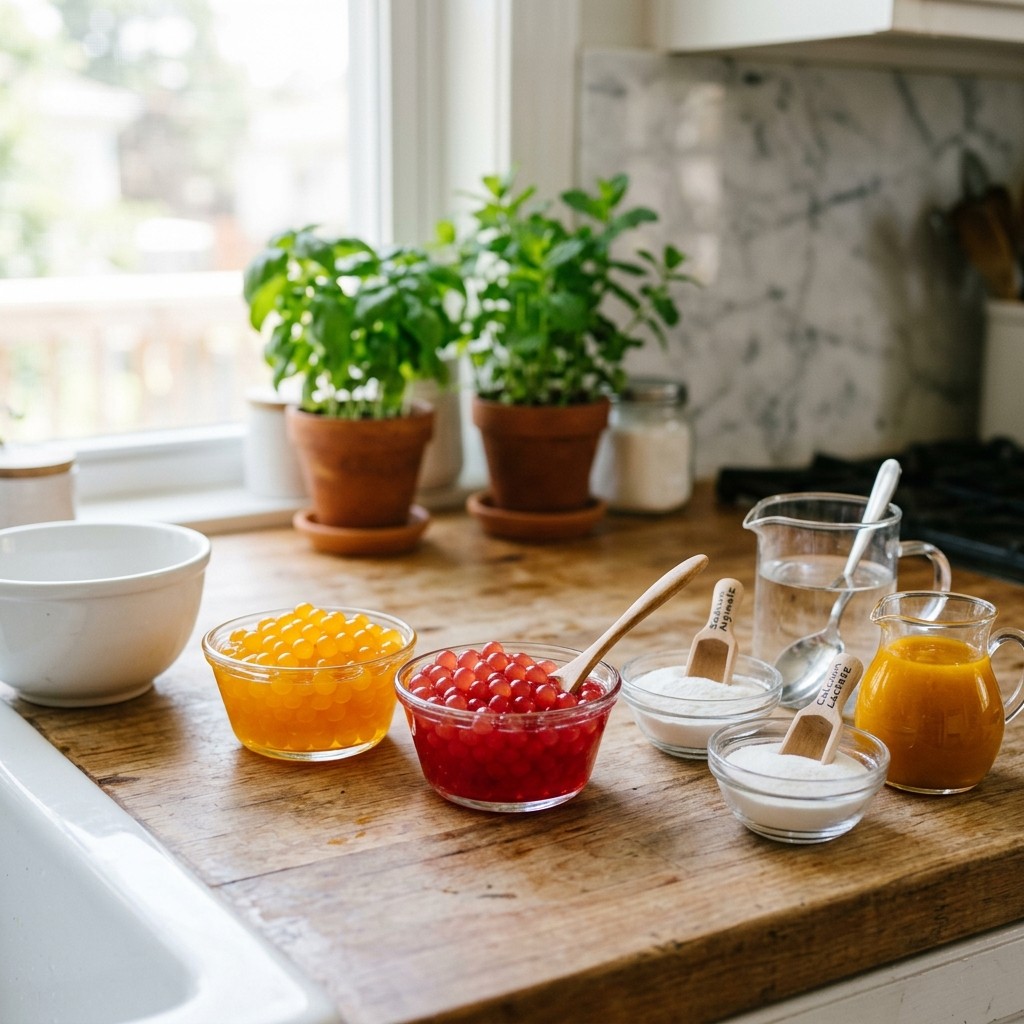 Popping boba ingredients raw materials overview table flat lay