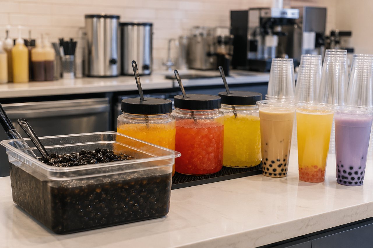 Cafe prep station with cooked tapioca pearls and ready-to-use popping boba.