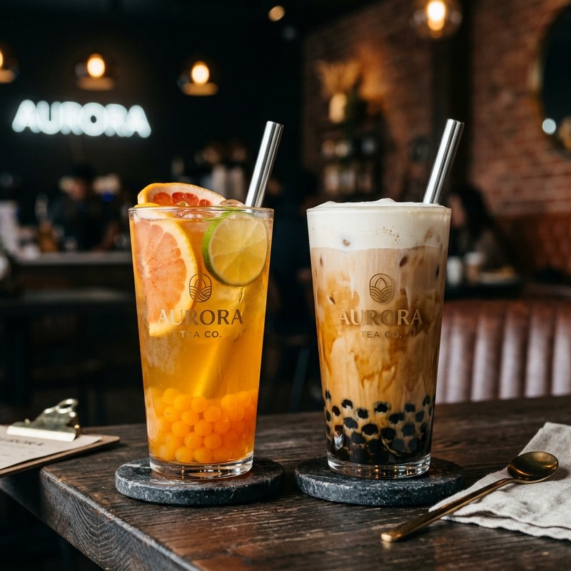Popping boba and tapioca pearls side by side with fruit tea and milk tea.