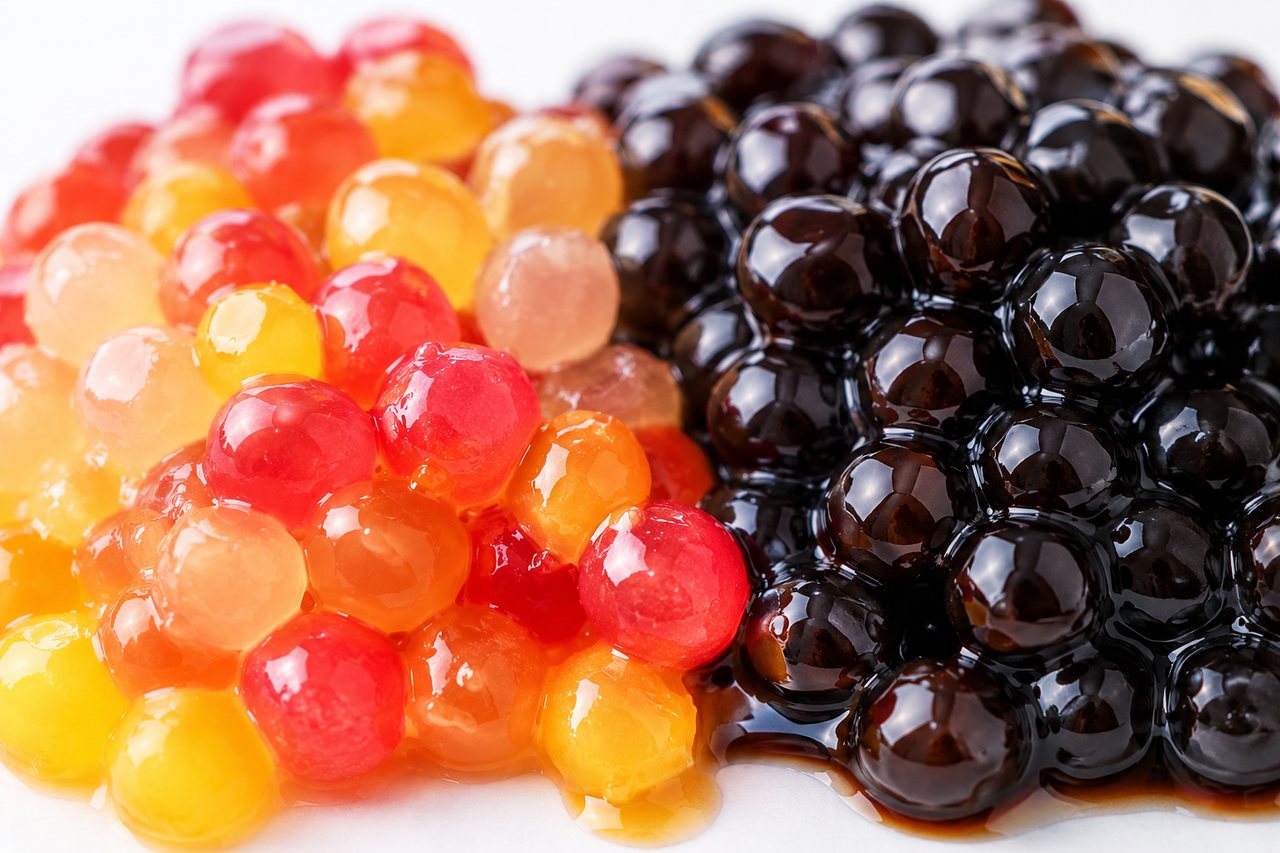 Close-up of popping boba and tapioca pearls showing different textures.