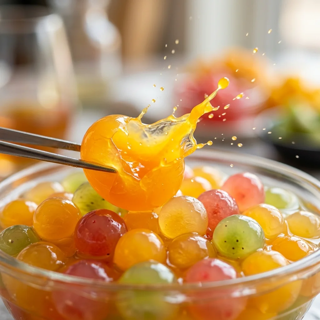 Close-up of popping boba sphere bursting with fruit juice under light pressure