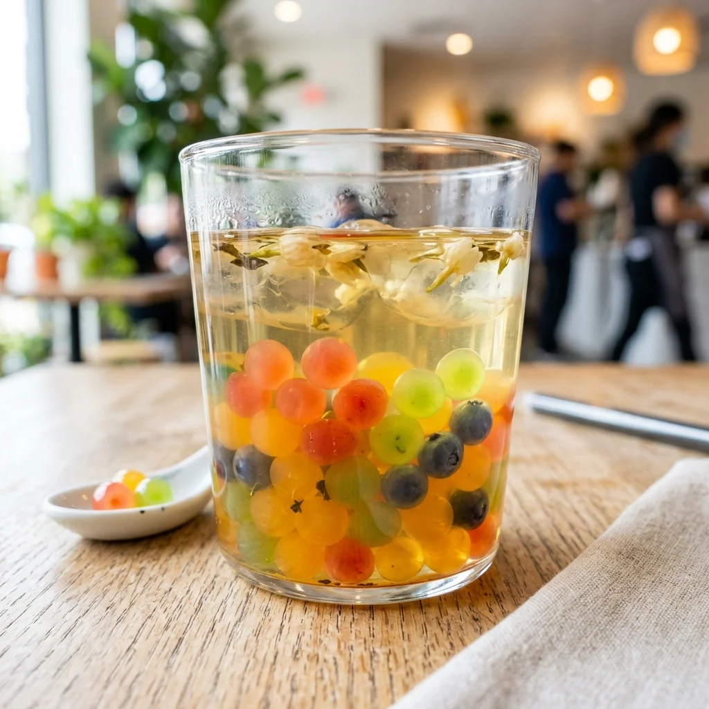Fruity bubble tea toppings selection including jelly boba and popping boba