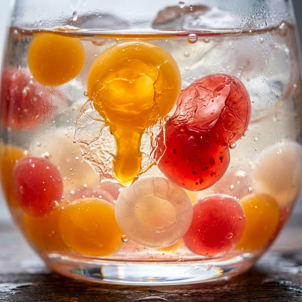 Close-up of popping boba spheres demonstrating seaweed-derived alginate gel skin