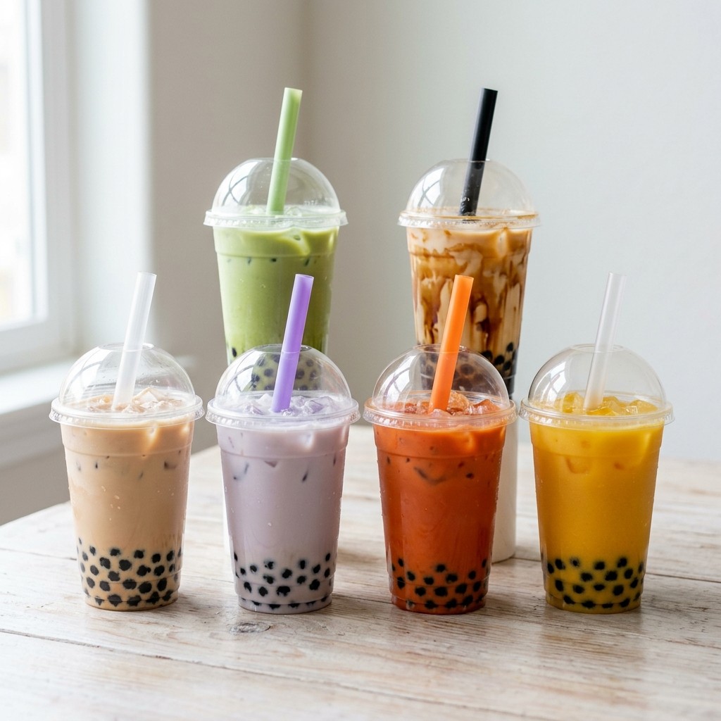 Popular milk tea flavors including taro, Thai tea, matcha, brown sugar, mango, and classic milk tea