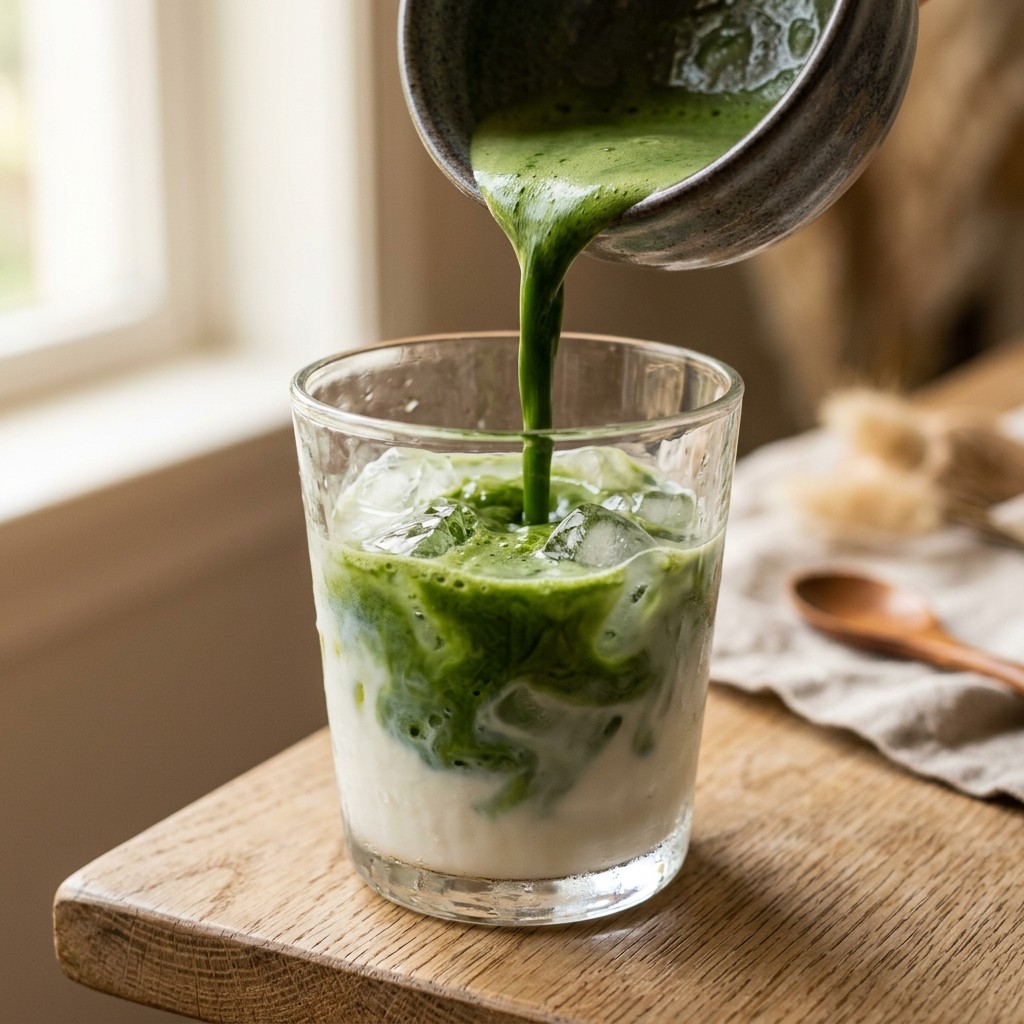 Matcha being poured over milk and ice for iced matcha milk tea
