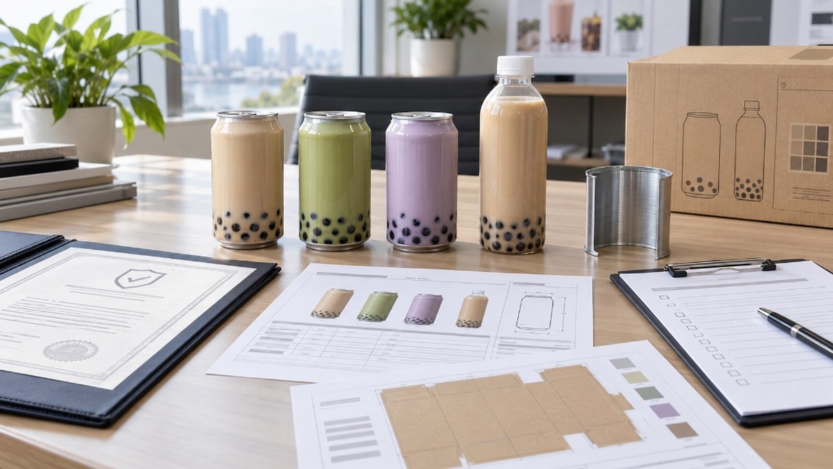 Private label bubble tea cans, quality documents and packaging samples on a buyer review table