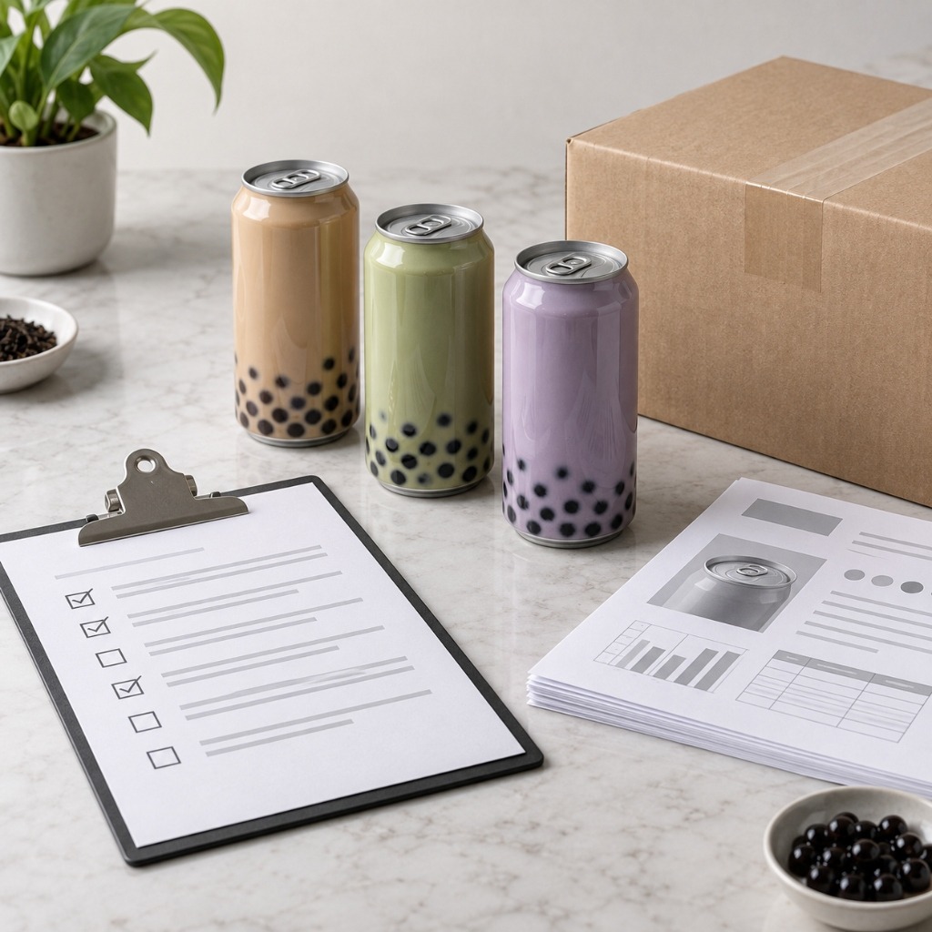 Private label bubble tea cans beside a buyer checklist and quality documents
