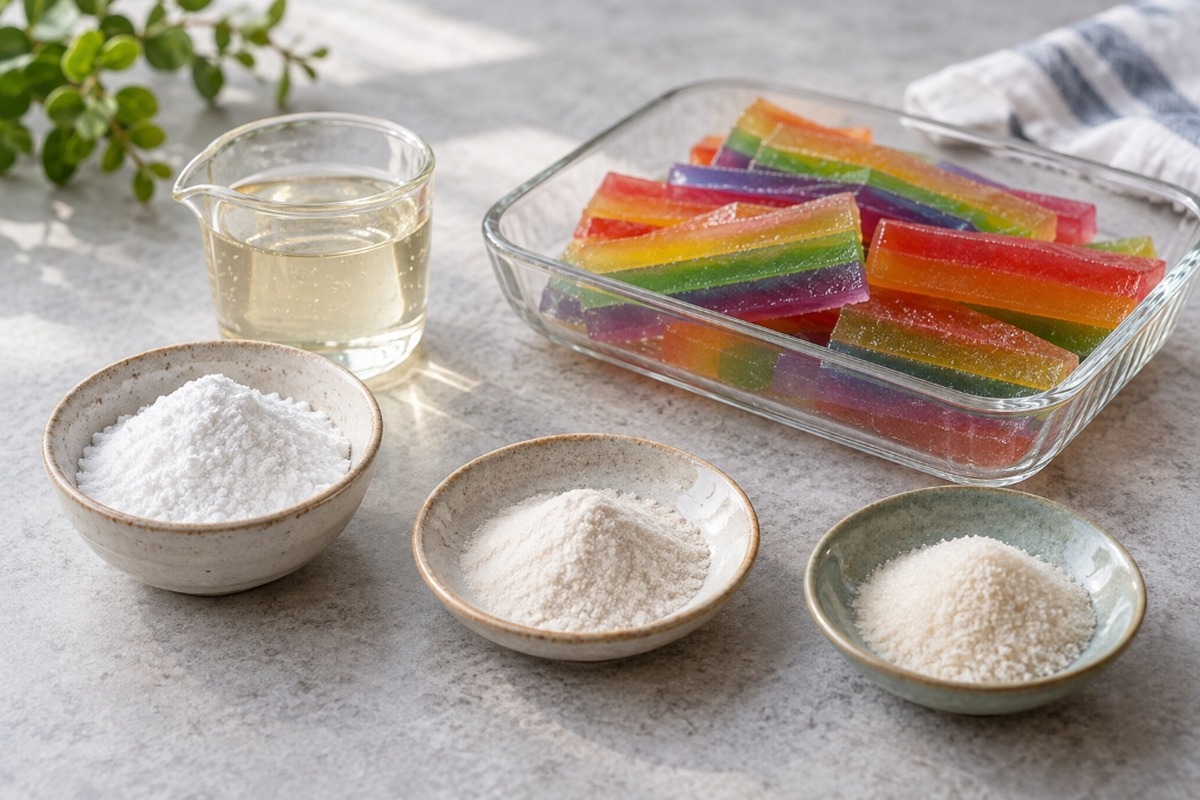 Konjac powder and common plant-based jelly ingredients beside rainbow jelly.
