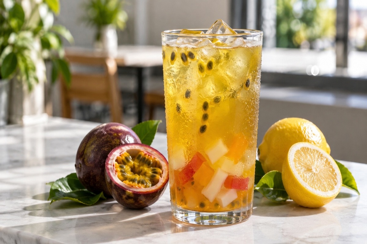 Passion fruit green tea with rainbow jelly and ice.