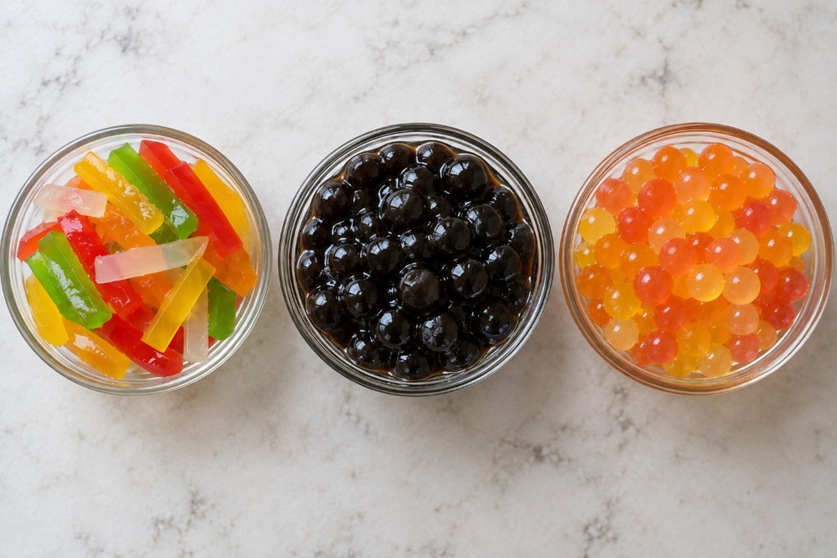 Rainbow jelly strips beside tapioca pearls and popping boba.