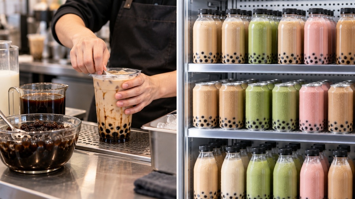 Fresh bubble tea shop drink compared with canned RTD bubble tea
