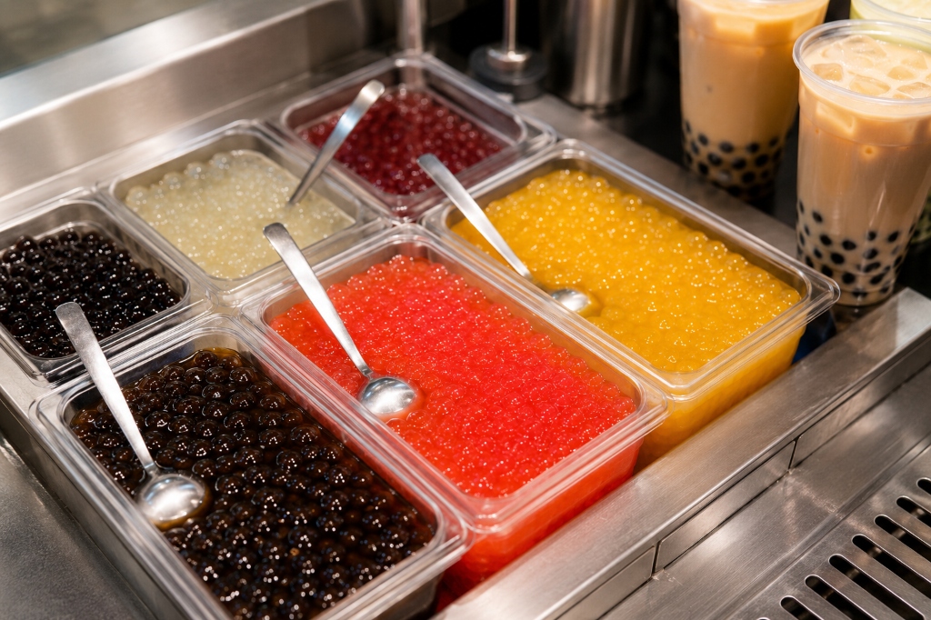Ready-to-serve jelly boba and popping boba stored in syrup