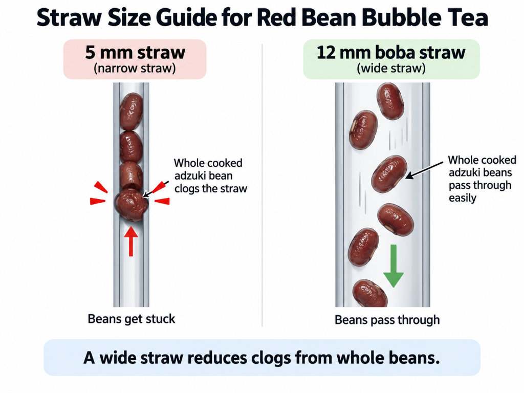 Straw size comparison for red bean bubble tea comparing narrow 5 mm straw with wide 12 mm boba straw