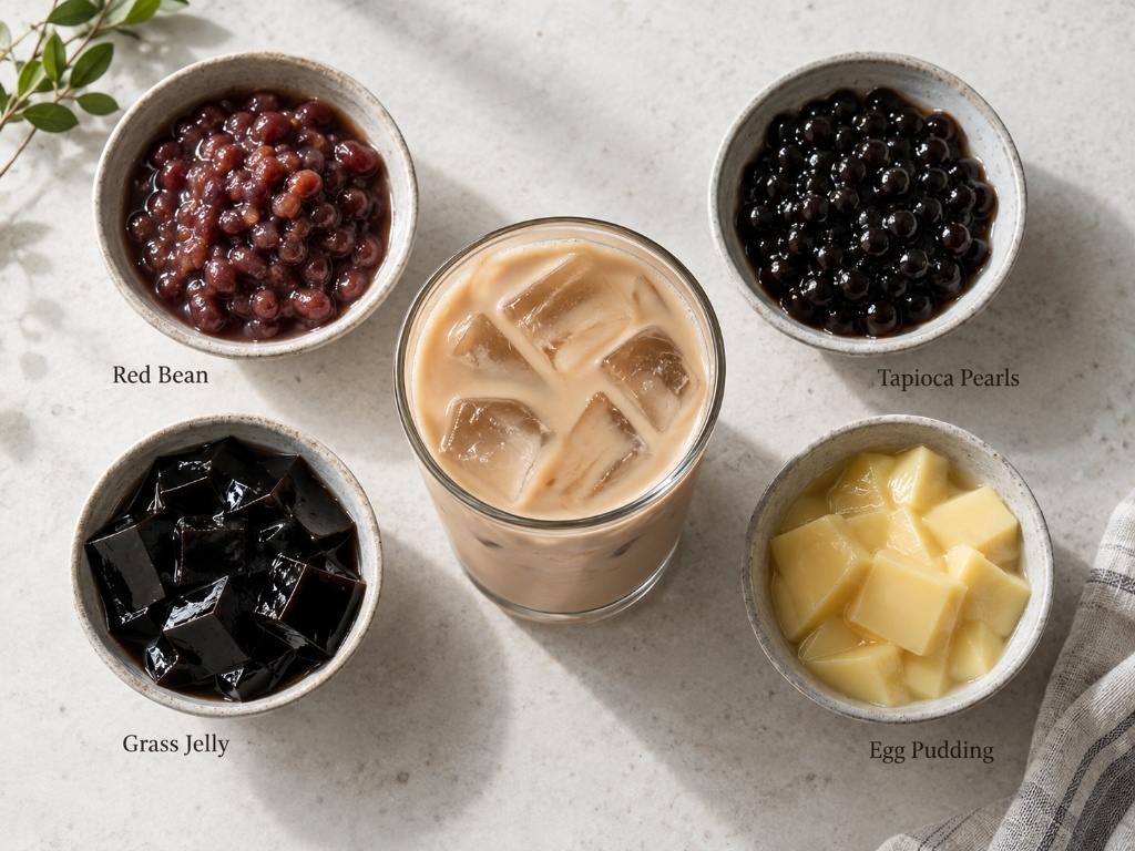 Texture comparison of red bean, tapioca, grass jelly, and egg pudding toppings in white ceramic bowls