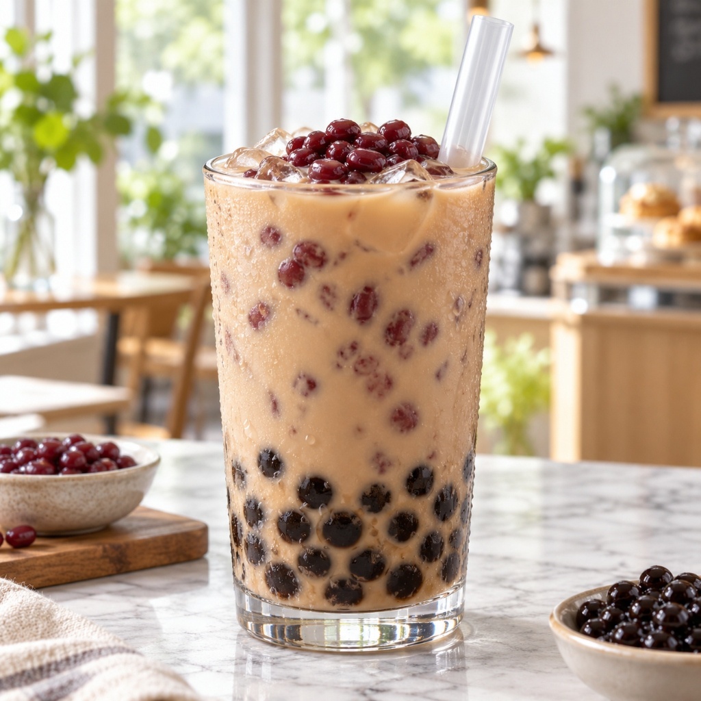 Sweet adzuki beans and tapioca pearls in red bean milk tea