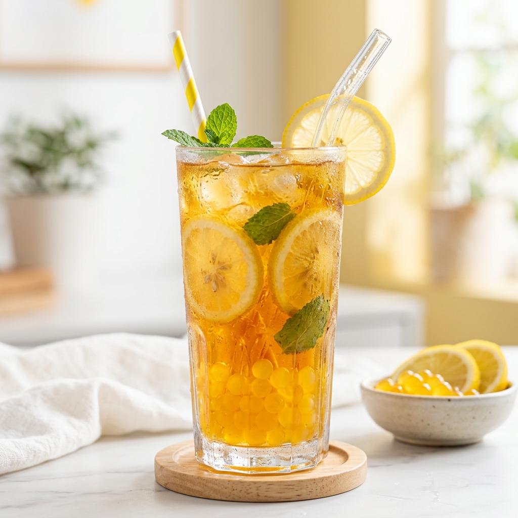 Fresh lemon juice being poured into bubble tea cup with ice and boba pearls