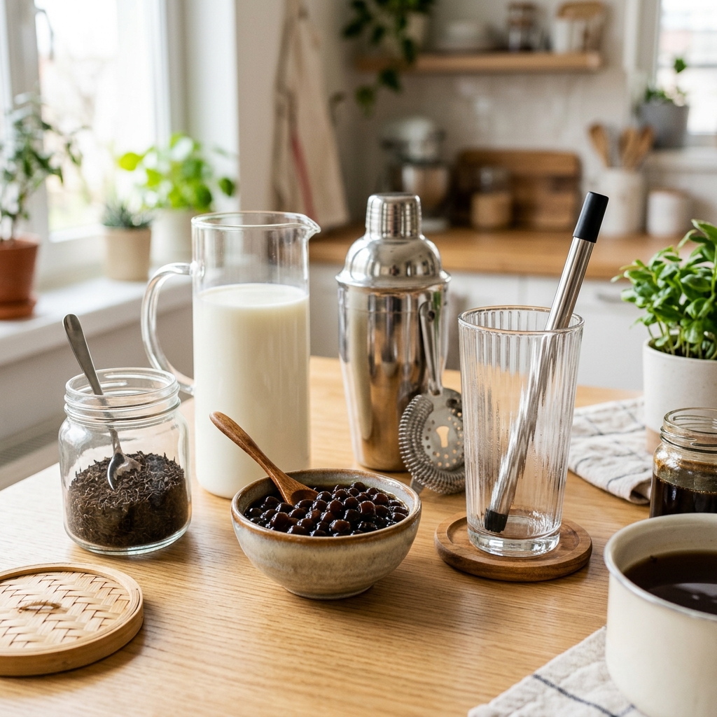 Homemade boba tea ingredients with tapioca pearls and ice
